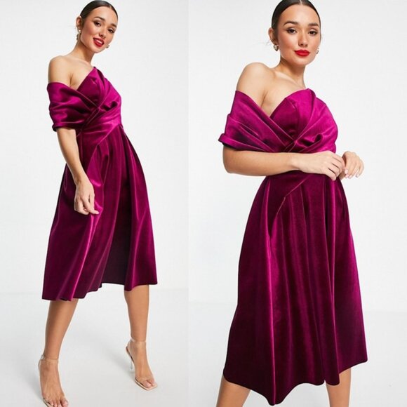 NEW ASOS DESIGN Velvet Bare Shoulder Prom Midi Dress in Berry | 12 - Picture 2 of 7